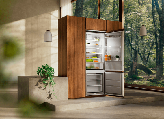 Fridge freezer in lifestyle environment.